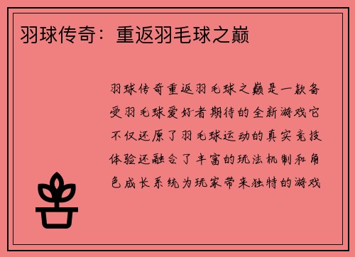 羽球传奇：重返羽毛球之巅